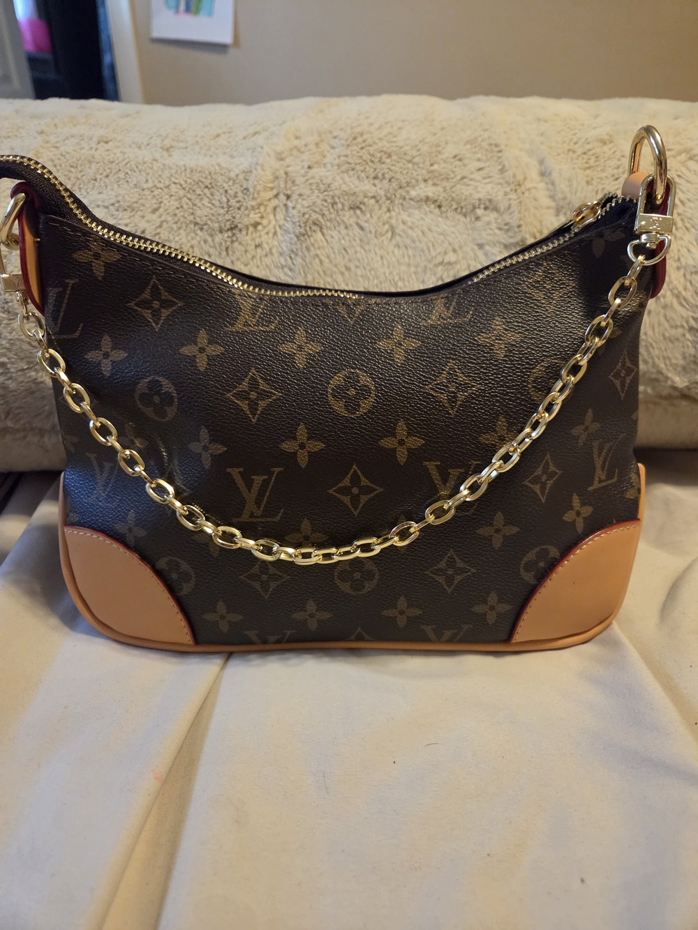 Brown Monogram Canvas Shoulder Bag with Gold Chain